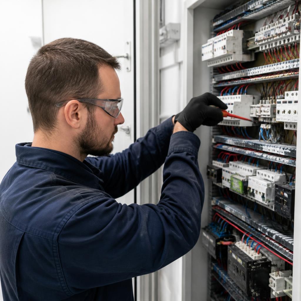 Tehnician electrician lucrând la un tablou electric
